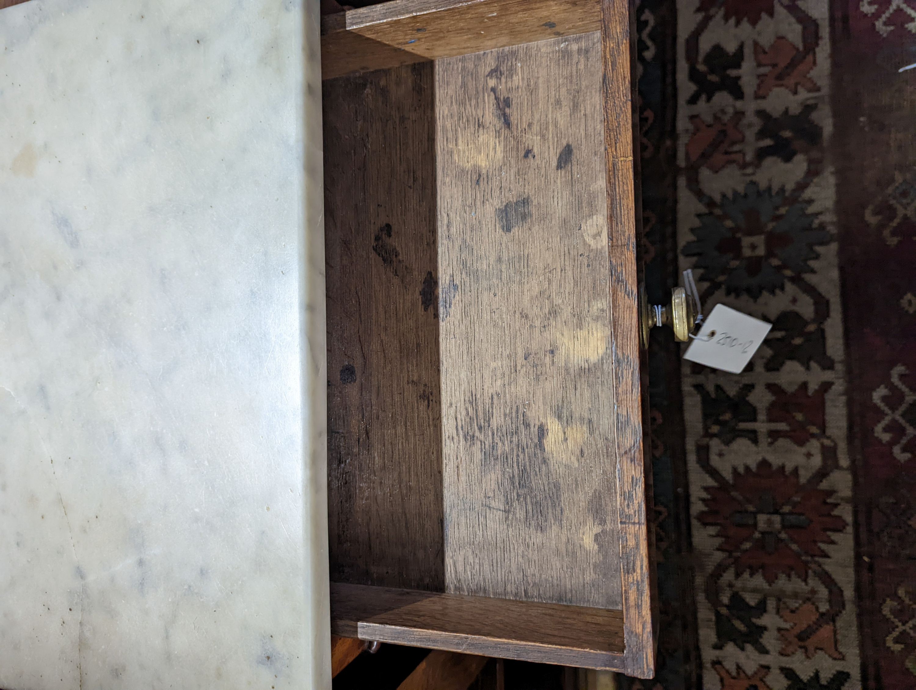 A 19th century French marble topped mahogany bedside cabinet, width 41cm, depth 36cm, height 79cm